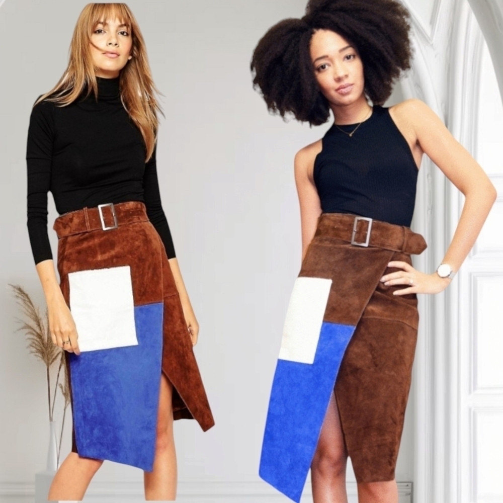 ASOS Brown Suede Pencil Skirt with Blue & White Panels